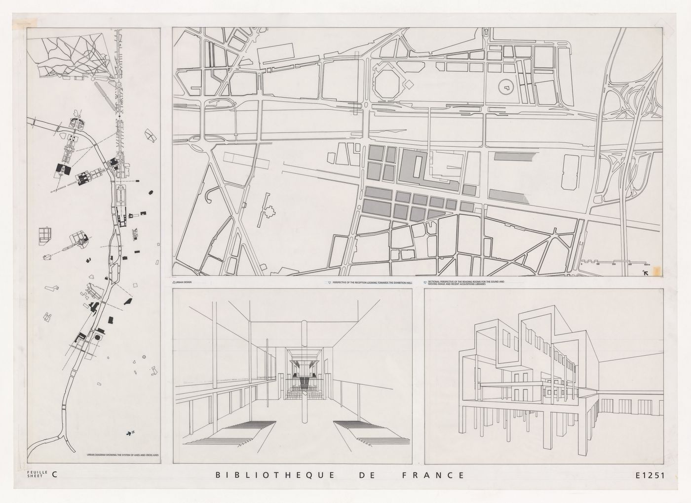 Site plan, perspectives and diagram for Biblioteca de França [National Library of France], Paris, France