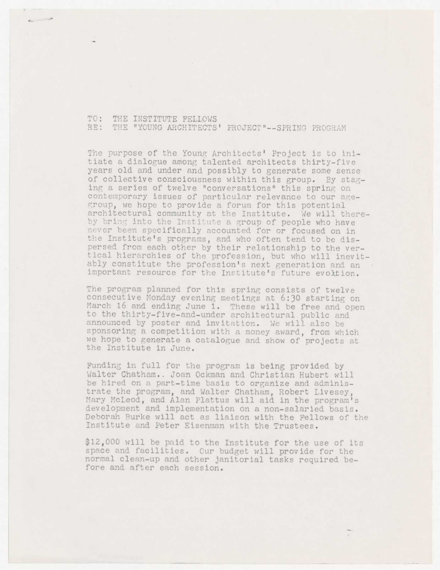 Memorandum from Peter Wolf to the Fellows and visiting Fellows with attached proposal for Young Architects Project spring program