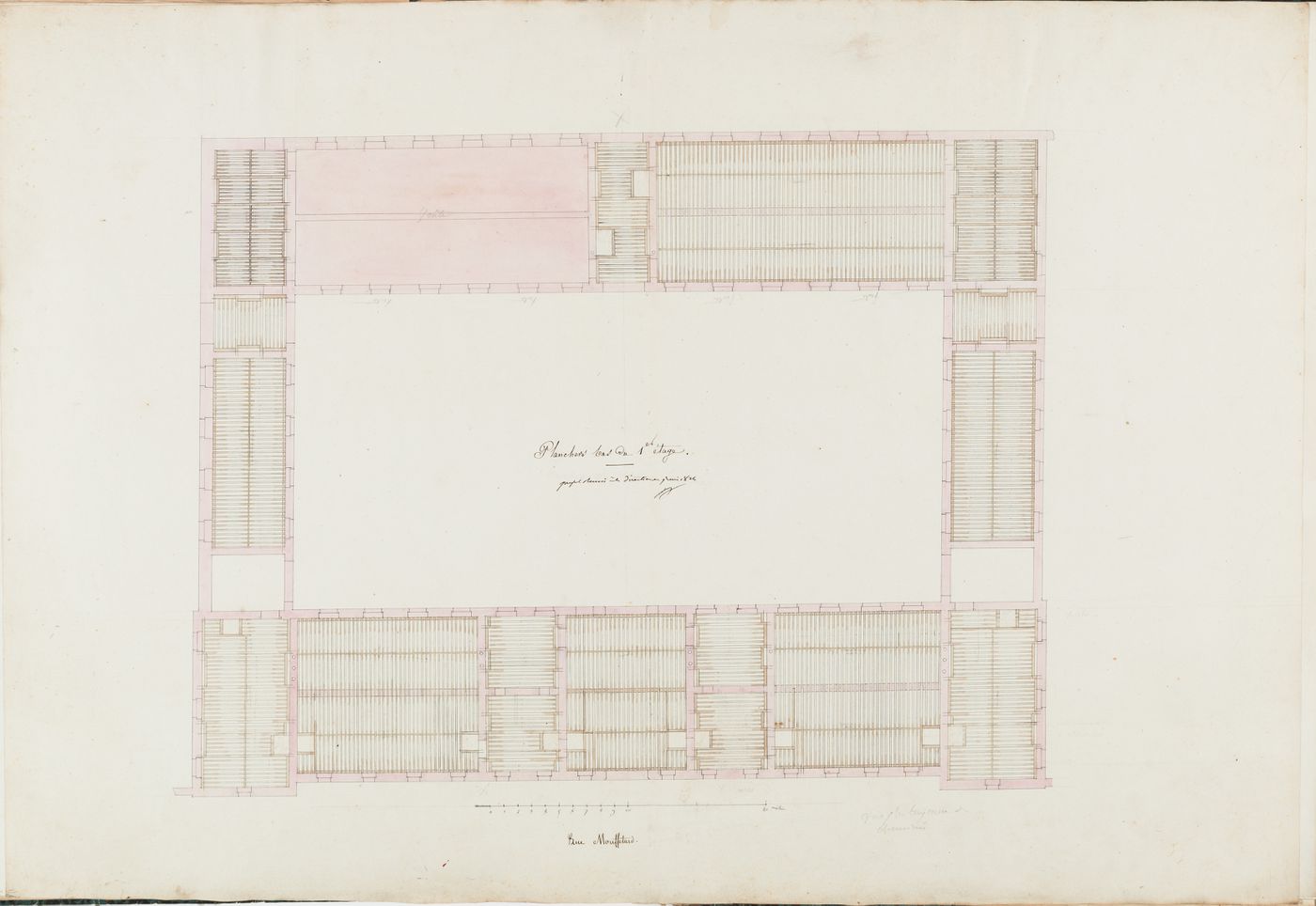Project for the caserne de la Gendarmerie royale, rue Mouffetard: Floor framing plan for buildings surrounding the first courtyard, probably for the first floor