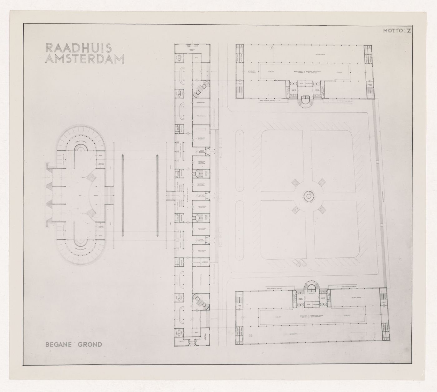 Photograph of a ground plan for J.J.P. Oud's competition entry for Amsterdam City Hall, Netherlands
