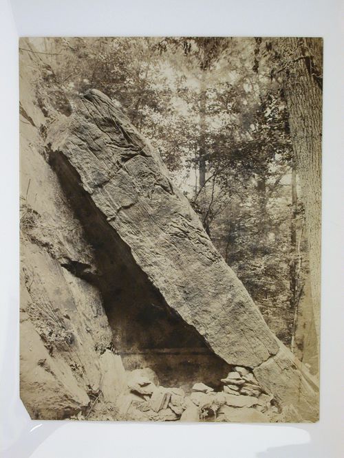Close-up view of a slab of rock meant to become the mantle for a clubhouse fireplace, Longue Vue Golf Course, New York [?], United States
