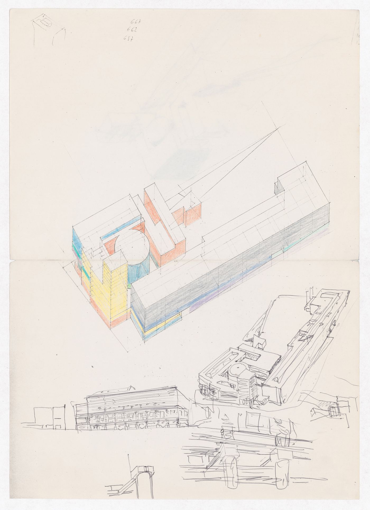 Sketch axonometric views and perspectives for Centro Cultural de la Defensa - 1º Fase - 2º Fase, Madrid, Spain