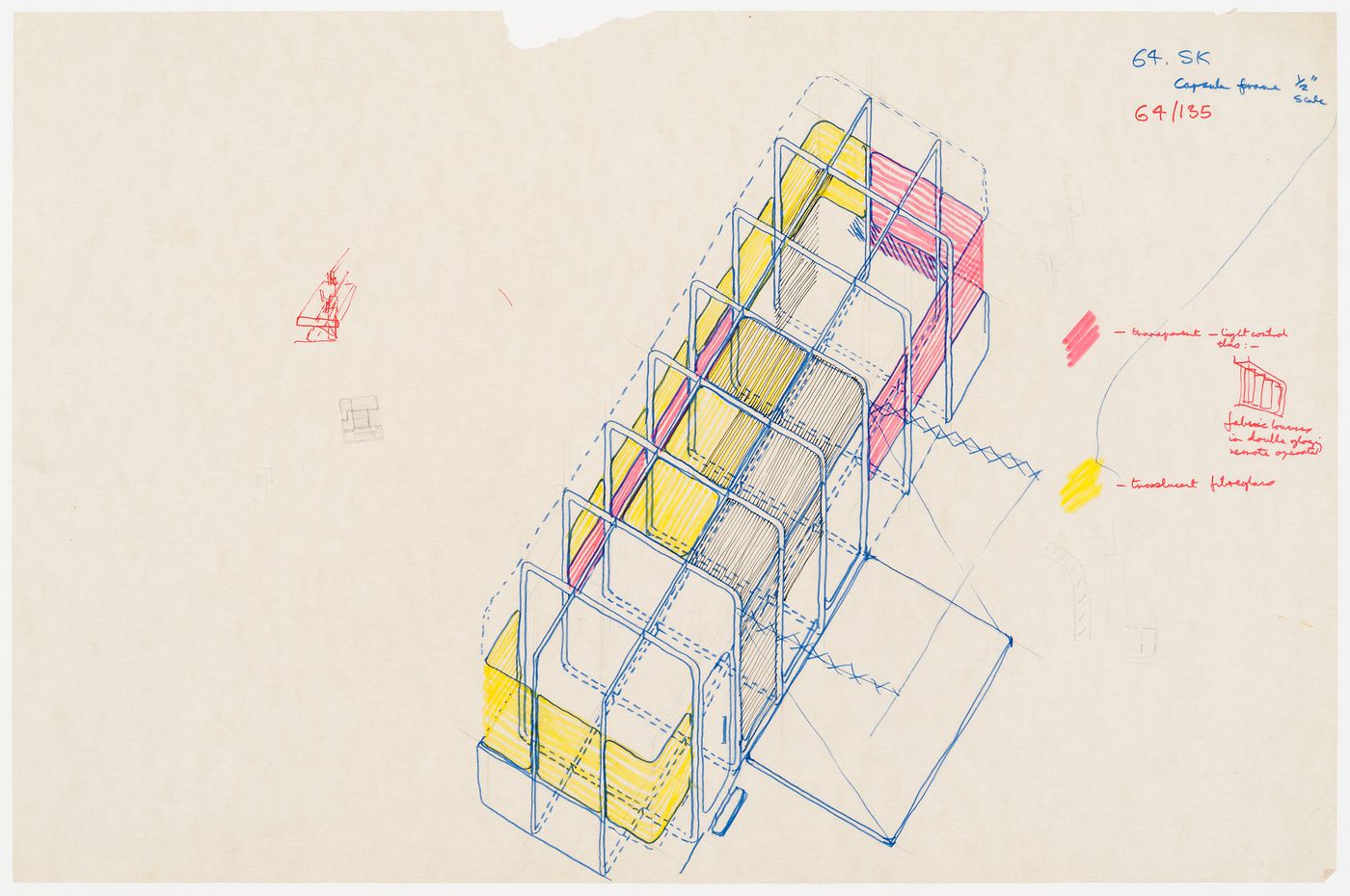 Axonometric drawing of a capsule house (document from the Potteries Thinkbelt project records)