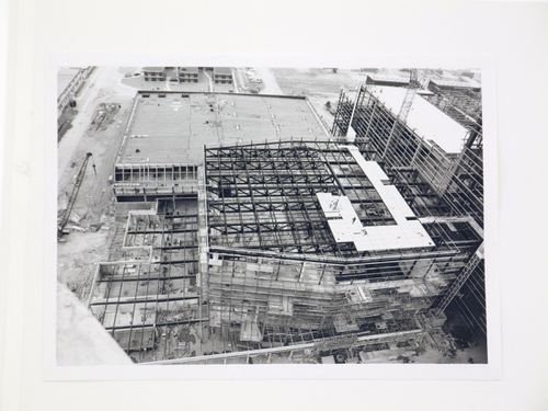 View of construction of steel structure for power station, from above, United Kingdom