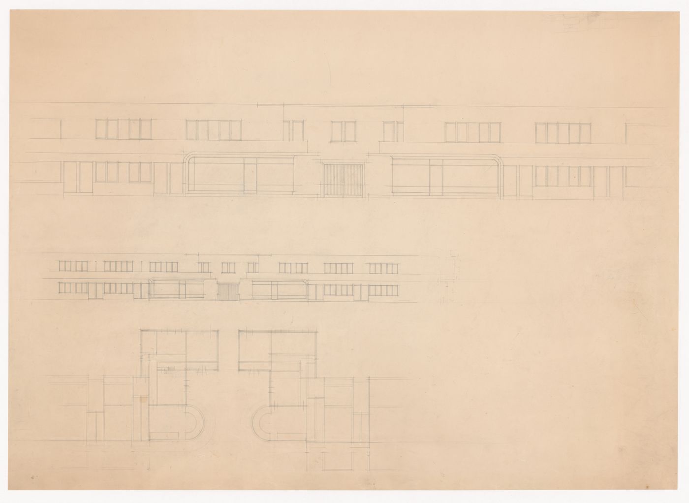 Plans and elevations for the central unit and warehouse for industrial row houses, Hoek van Holland, Netherlands