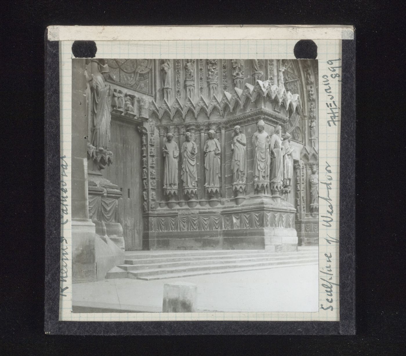 View of sculpture of west door of Notre-Dame de Reims (Cathedral), Reims, France