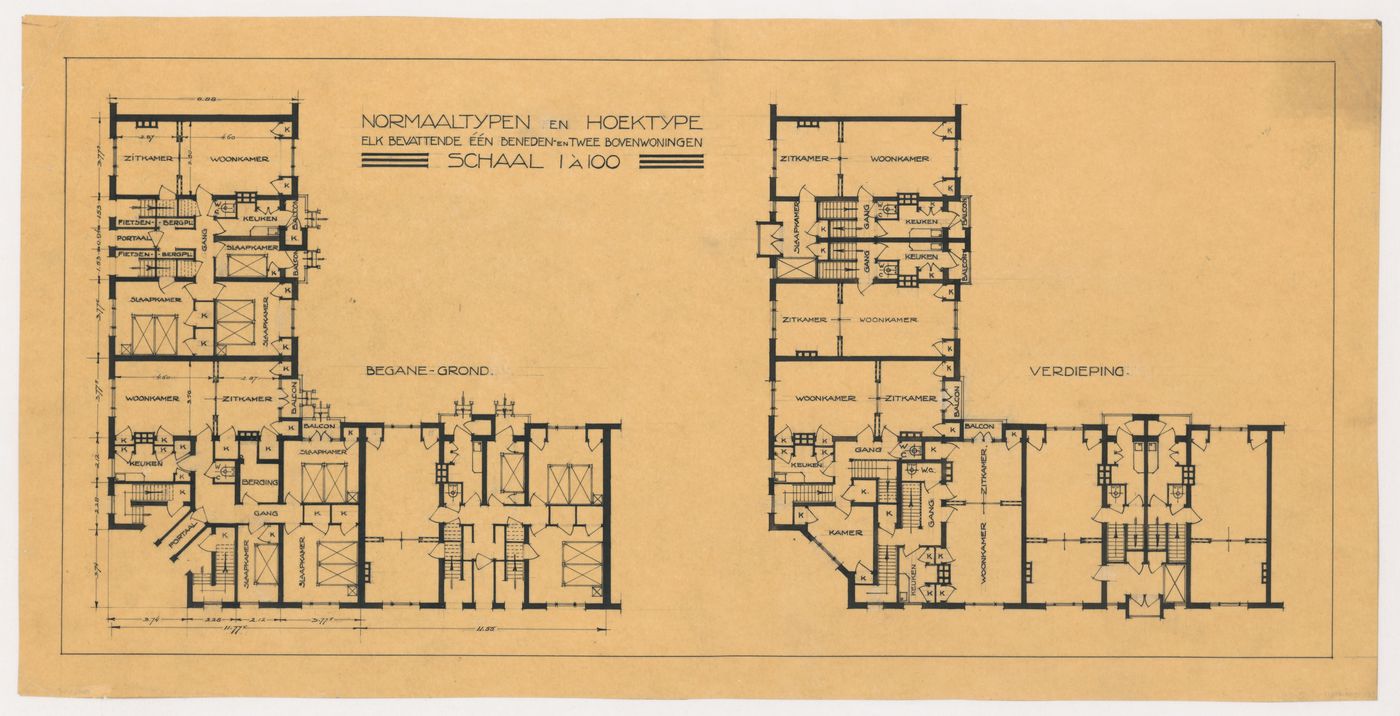 Ground and first floor plans, possibly for Block 9, Spangen Housing Estate, Rotterdam, Netherlands