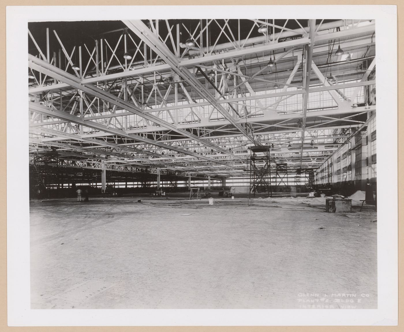 Interior view of the Assembly [?] Building (also known as Building E) under construction, Glenn L. Martin Company Navy Assembly Plant No. 2, Middle River, Maryland