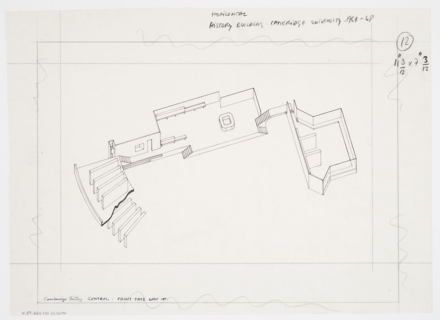 History Faculty Building, University of Cambridge, Cambridge, England: axonometric of bookstacks, control and catalogue area and research room
