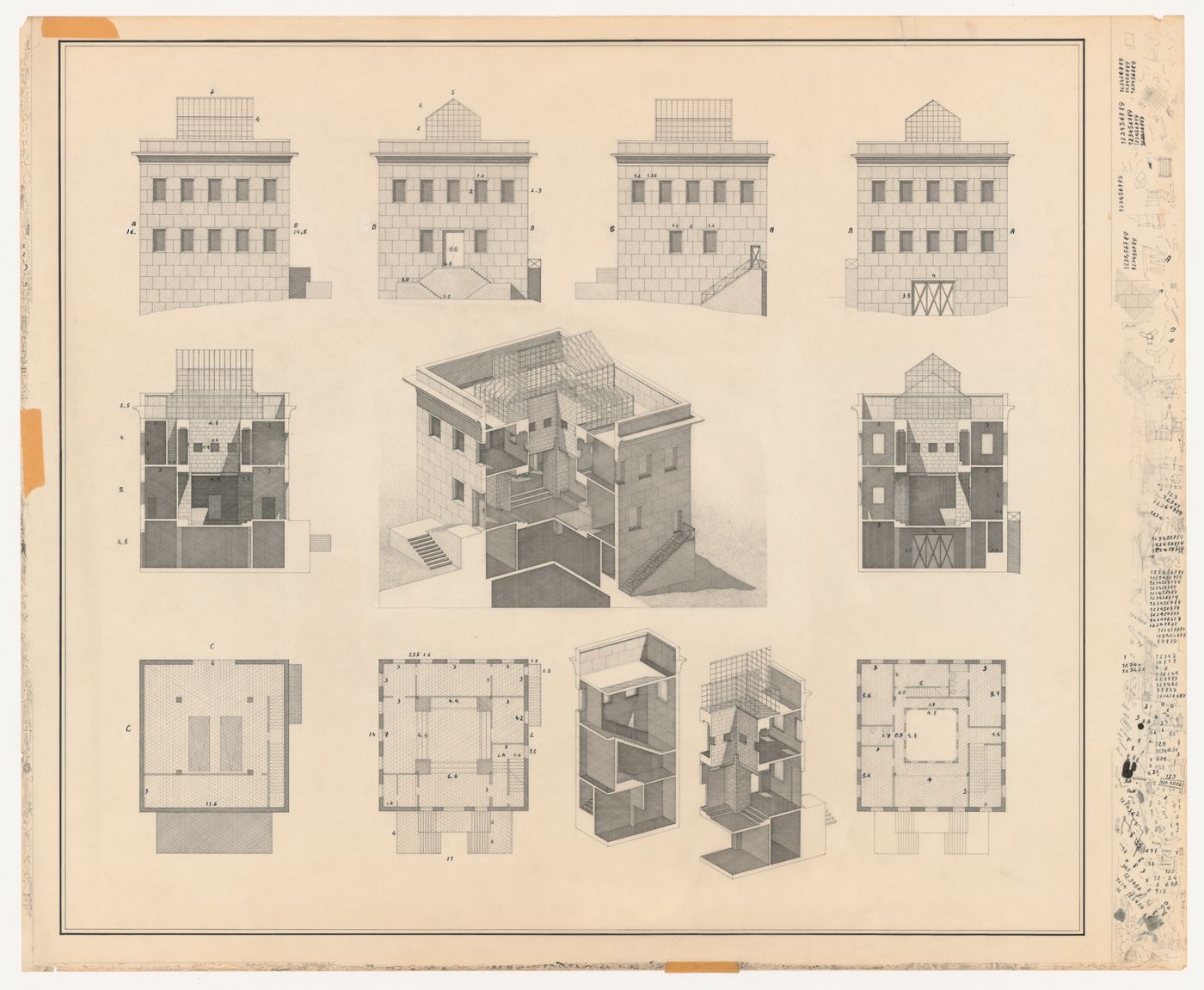 Elevations, sections, sectional axonometrics, and plans with sketches for Casa Vattani, Rome, Italy