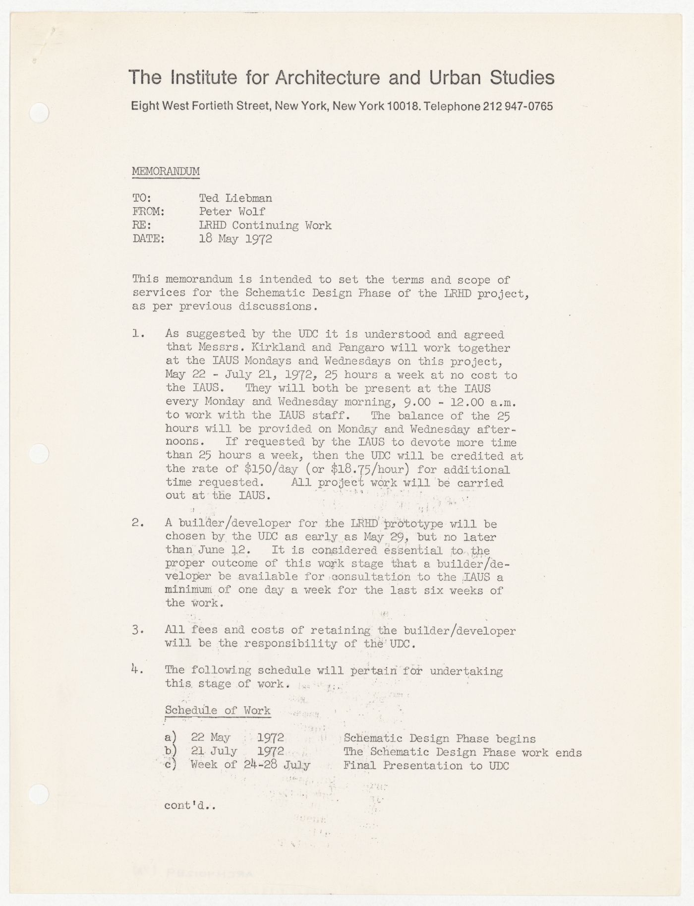 Memorandum from Peter Wolf to Theodore Liebman about the terms and scope of services for the schematic design phase of the Low-Rise HIgh-Density (LRHD) project