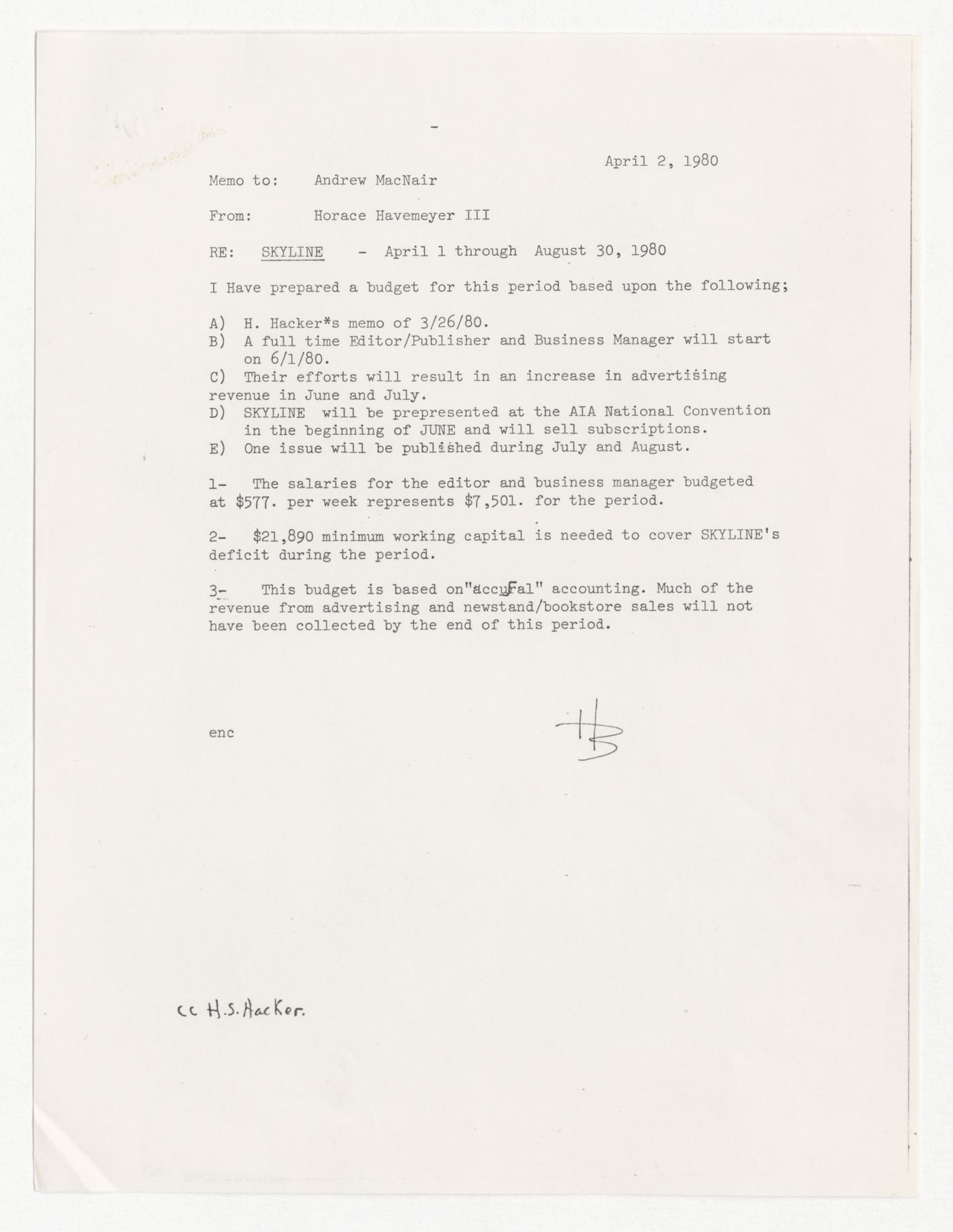 Memorandum from Horace Havemeyer III to Andrew MacNair with attached budget for Skyline from April to August 1980