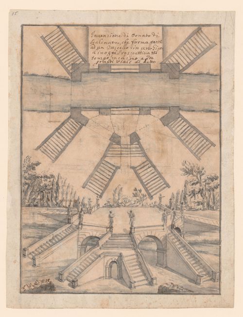 View and plan for a garden bridge with six staircases