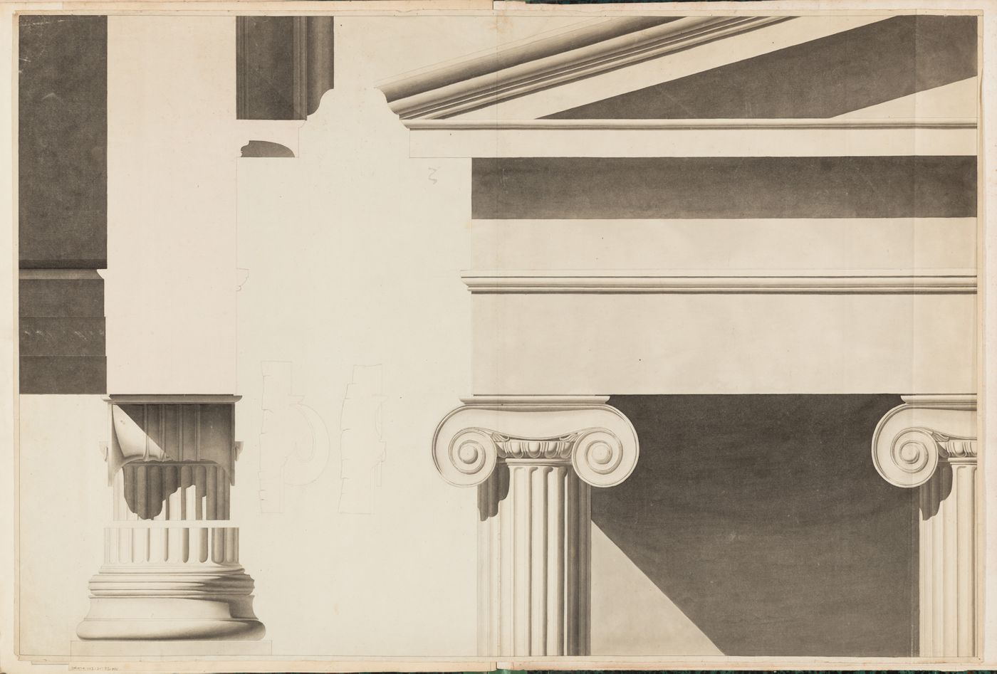 Elevation of an Ionic shaft, capital, and entablature with a section of the entablature and a side elevation and section of the capital and shaft