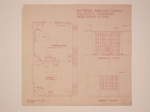 Plan and details for the model drawing room and bedroom, Electric House, Battersea Borough