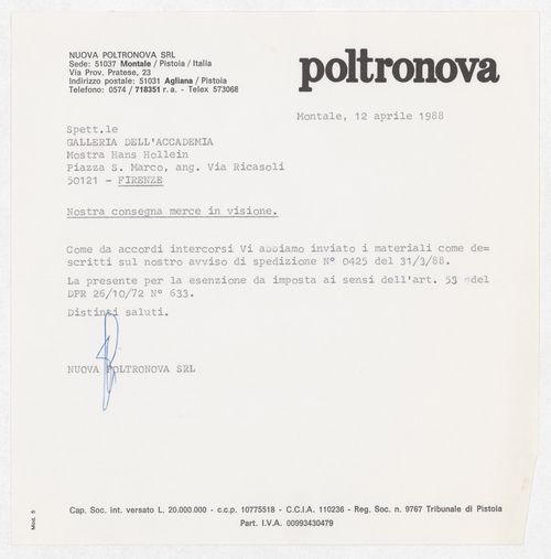 Correspondence and a way bill for the exhibition Hans Hollein. Opere 1960-1988