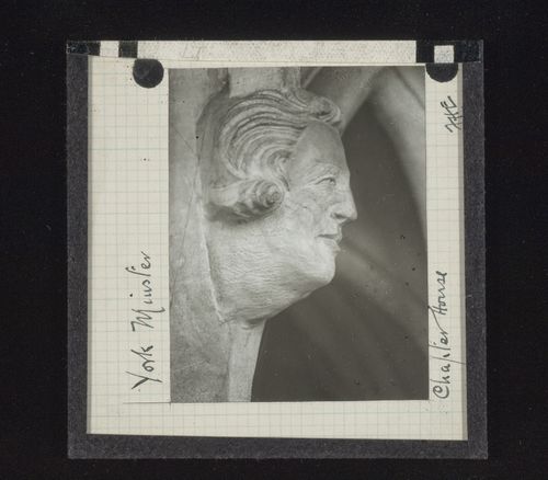 View of sculpture of head in Chapter House of York Minster, York, North Yorkshire, England