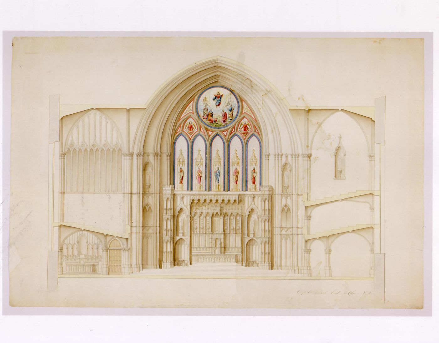 Elevation for the sanctuary and section for the choir for the interior design by Bourgeau et Leprohon for Notre-Dame de Montréal