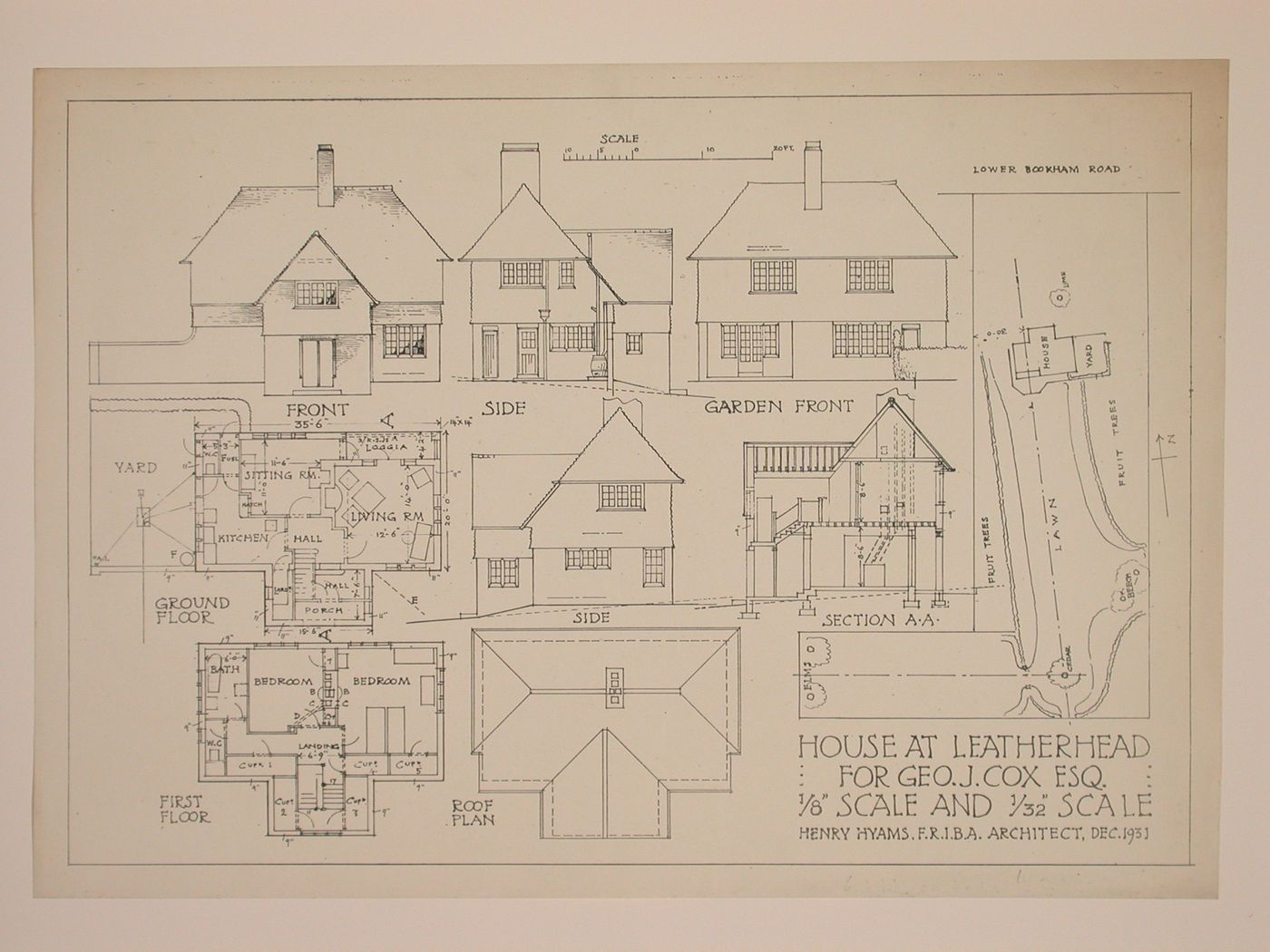 Elevations, plans, and section for the George J. Cox House, Leatherhead