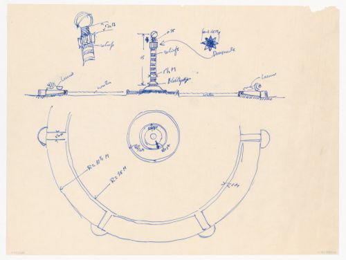 Sketch plan, sketch elevation, and details for a model for a monument for the reconstruction of the Hofplein (city centre), Rotterdam, Netherlands