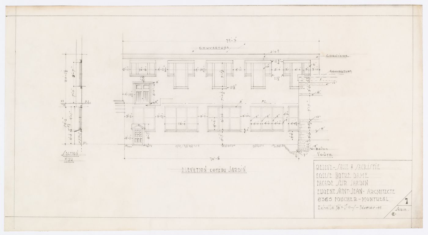 Elevation and section of the sacristy wall of Notre-Dame de Montréal, apparently for the renovations of 1929-1949