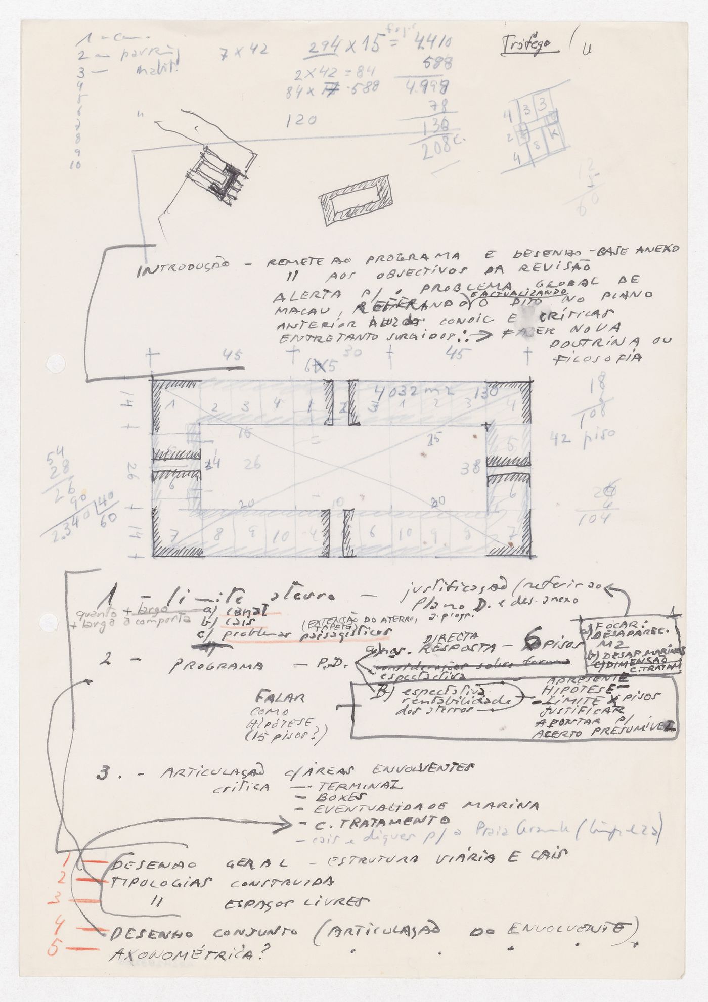 Sketch and notes for Plano de Expansão da Cidade de Macau (Areia P. e Porto E.) [Macau City expansion plan], Macau, China