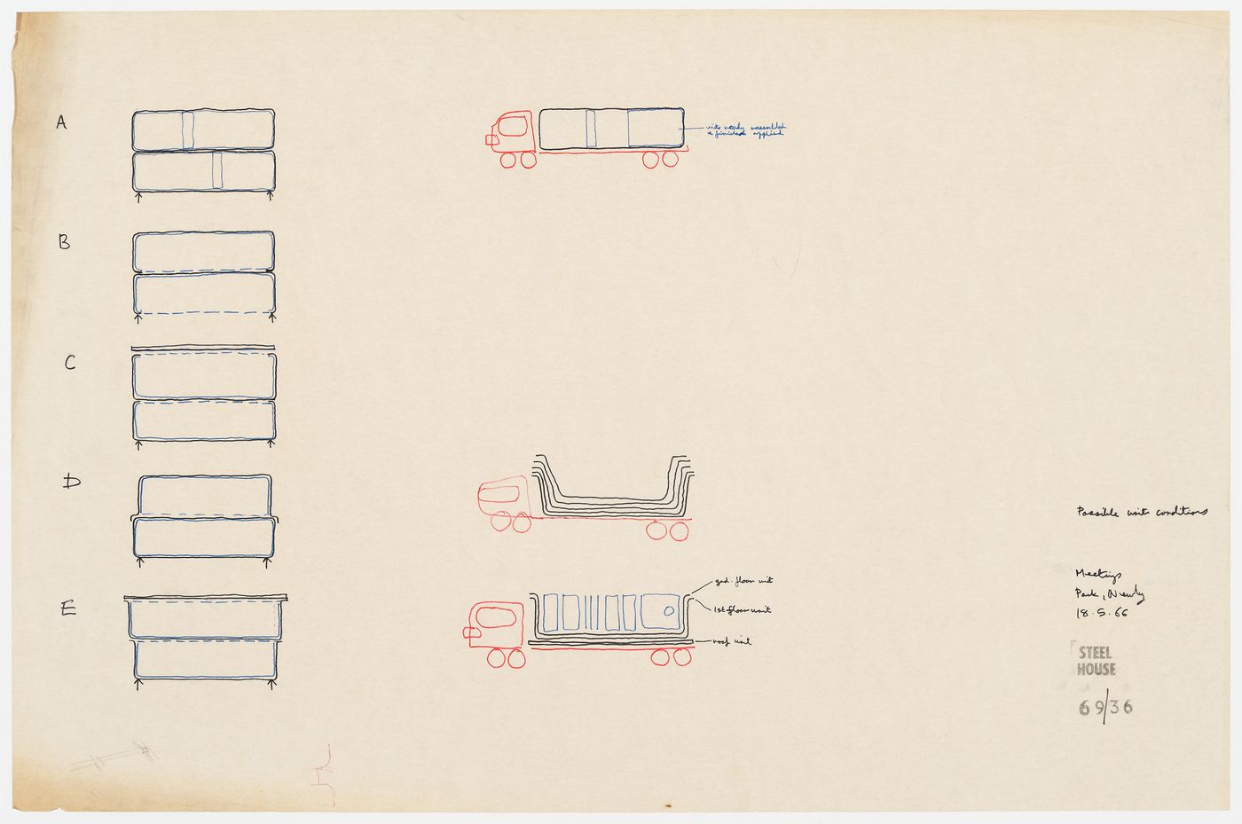 Steel House: sketches showing unit types and conditions for transport
