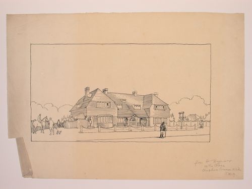 Perspectival view showing a large building set in the countryside, possibly a clubhouse