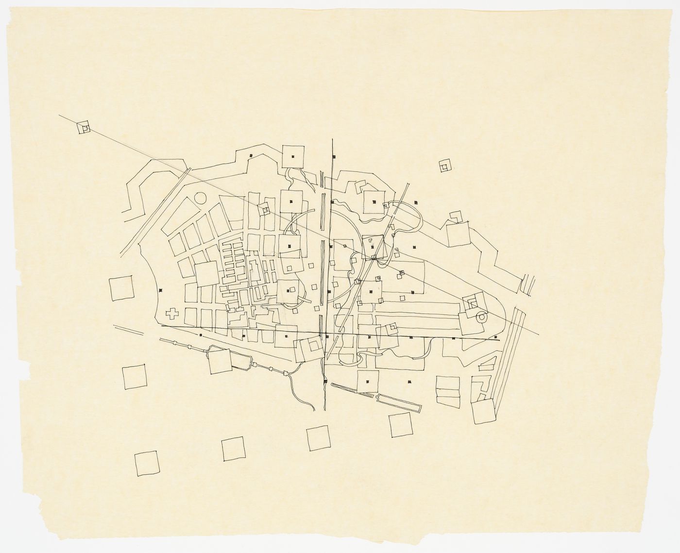 Sketch site plan showing superposition of Cannaregio and La Villette sites with the Cannaregio grid twice as large as the La Villette grid