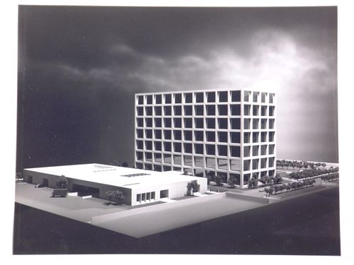 General view of the model for the Garrett Corporation building, Torrance, California, United States