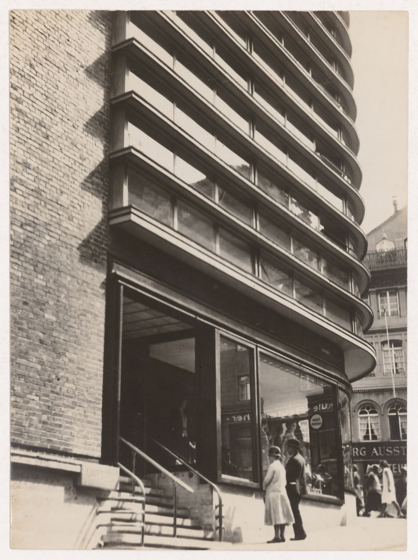 View of the lateral façade of Schocken Department Store showing a glass tower, Stuttgart, Germany