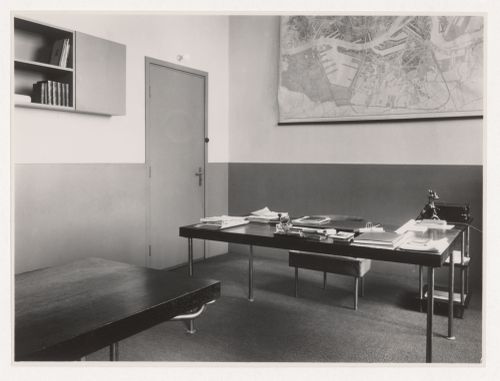 Interior view of M.J.I de Jonge van Ellemeet's office in Rotterdam City Hall showing the tables and a chair designed by J.J.P. Oud, Rotterdam, Netherlands
