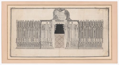 Élévation de la grande porte de Chiringam [Srirangam], Vue du côté du sud, fait par ordre de M. Duval de Leyrit 
gouverneur général des établissements français dans l'Inde oriental, au mois d'aoust 1755.