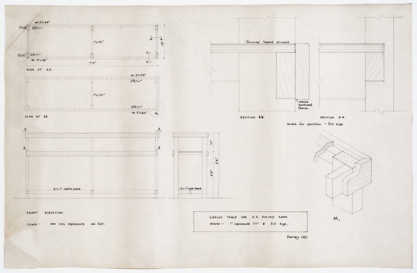 Plans, elevations and sections for display table for Architectural Association dining room