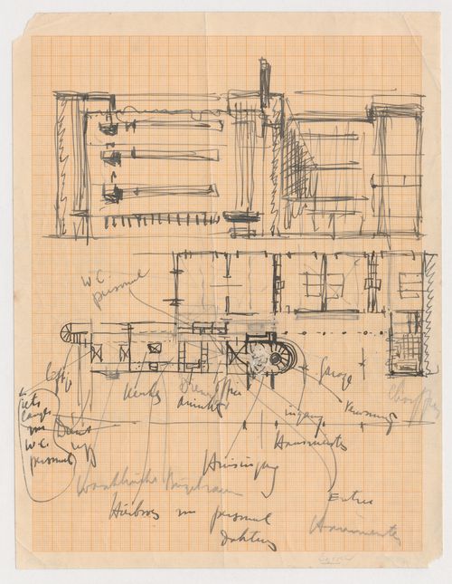 Sketch elevation and sketch plan for Three-Family House, Brno, Czechoslovakia (now Czech Republic)