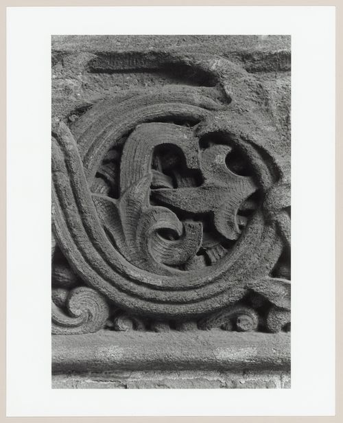 Close-up view of the "C" of the Canadian Pacific Railway monogram carved in stone at the main entrance of Windsor Station, 1100 rue de la Gauchetière, Montréal, Québec