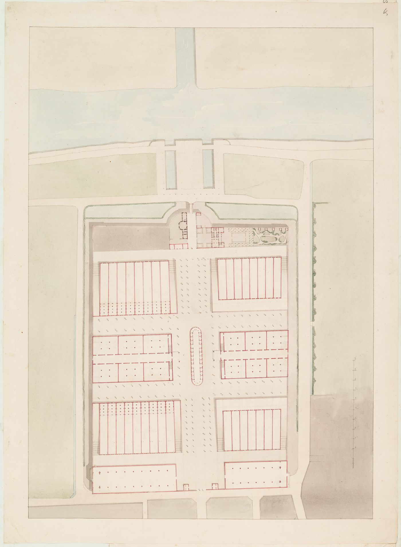 Site plan and floor plans for the "rez-de-chausée" of an "entrepôt de vins" and a "guinguette" (alternate design)