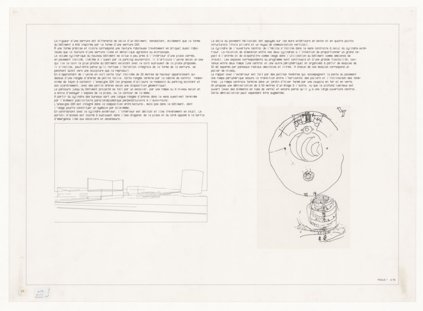 Presentation panel and sketch for Sede da Companhia Dom [Dom Company Headquarters], Cologne, Germany