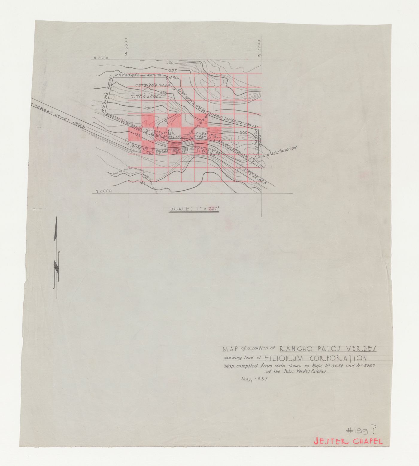Wayfarers' Chapel, Palos Verdes, California: Contour map of Filiorum Corporation property, including chapel site