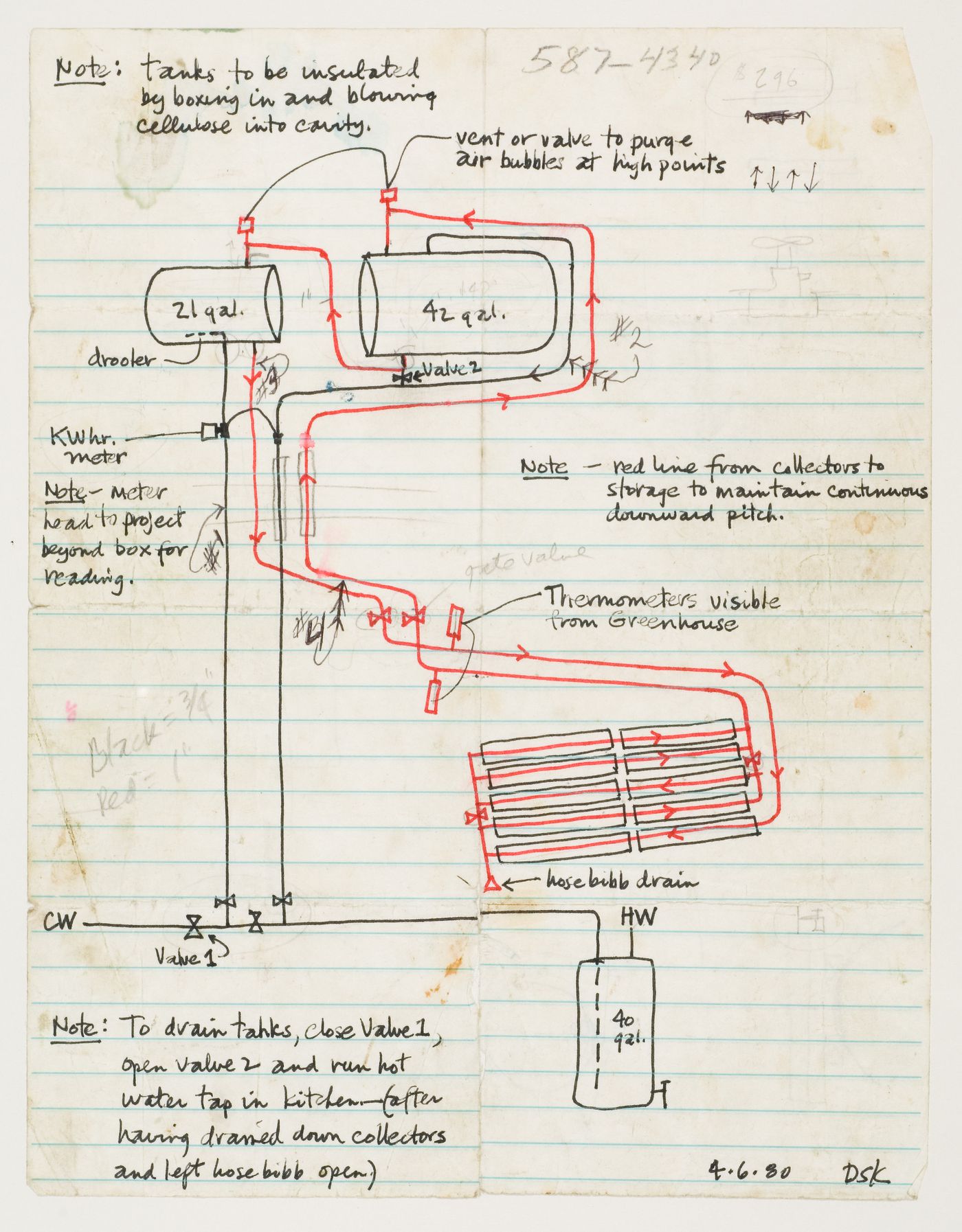 Sketch for installation of water heater for Kelbaugh House in Princeton, New Jersey
