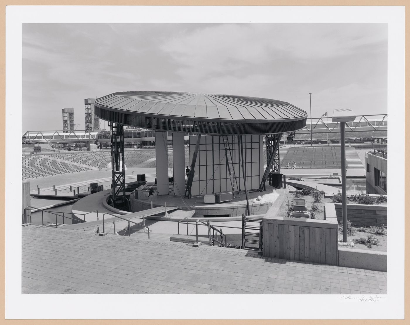 View of the Agora from backstage with the tiered seats and skywalk in the background, Port of Québec, Québec