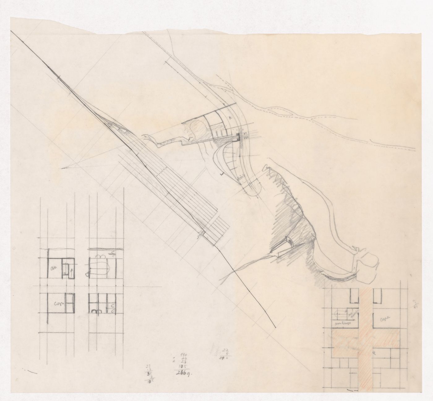 Sketch plans, sections and axonometric view for Monte Picoto, Braga, Portugal