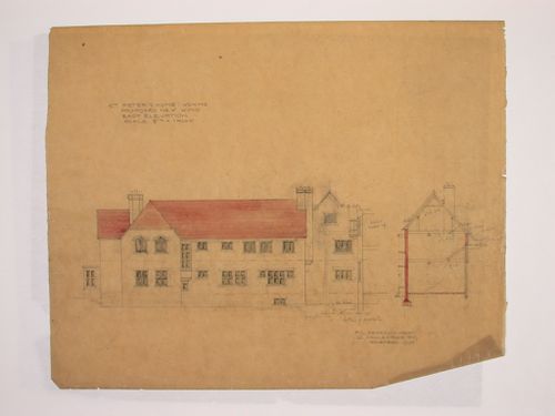 St. Peter's Home, Woking: East elevation and sections for the new wing