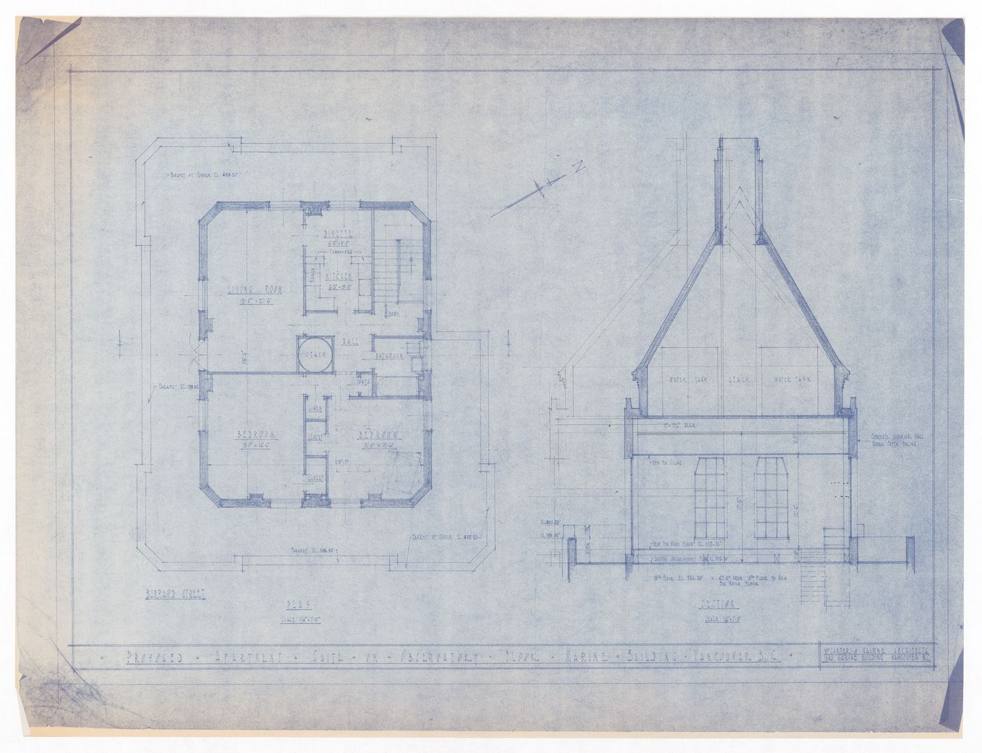 Reference drawing (plan and section) for Marine Building, Penthouse Alterations, Vancouver, British Columbia