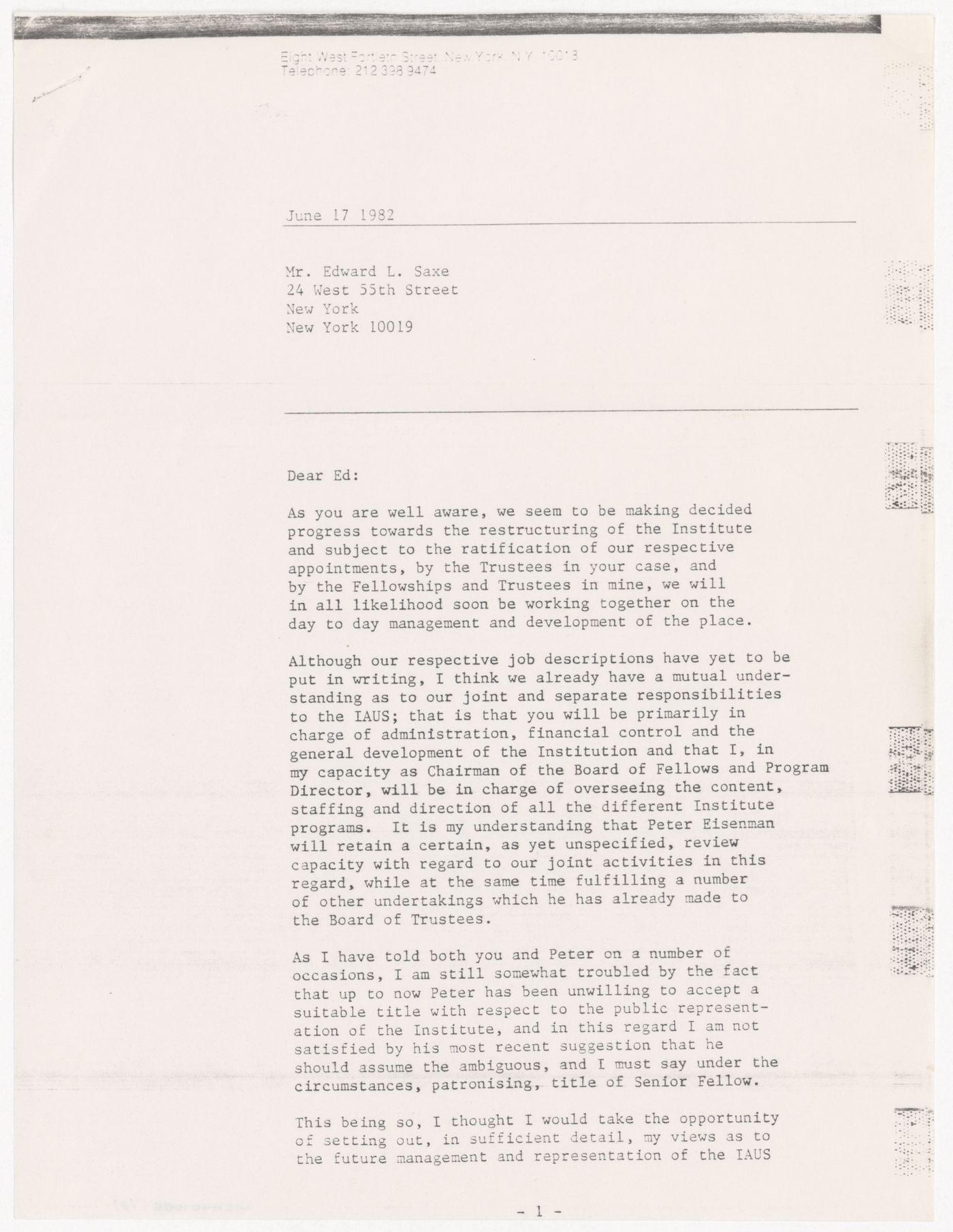 Letter from Kenneth Frampton to Edward L. Saxe about Peter D. Eisenman's role in the IAUS