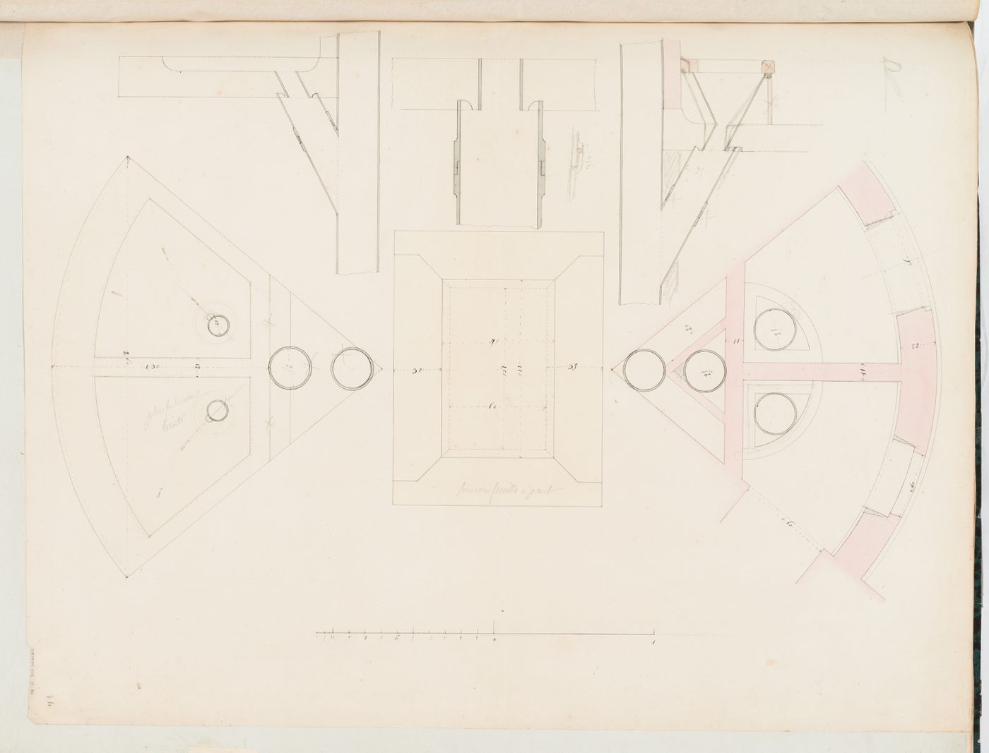 Project for the enlargement of the prison near the Préfecture de police, rue de Jérusalem, Paris: Plans and sections showing the layout for the piping systems and chimney