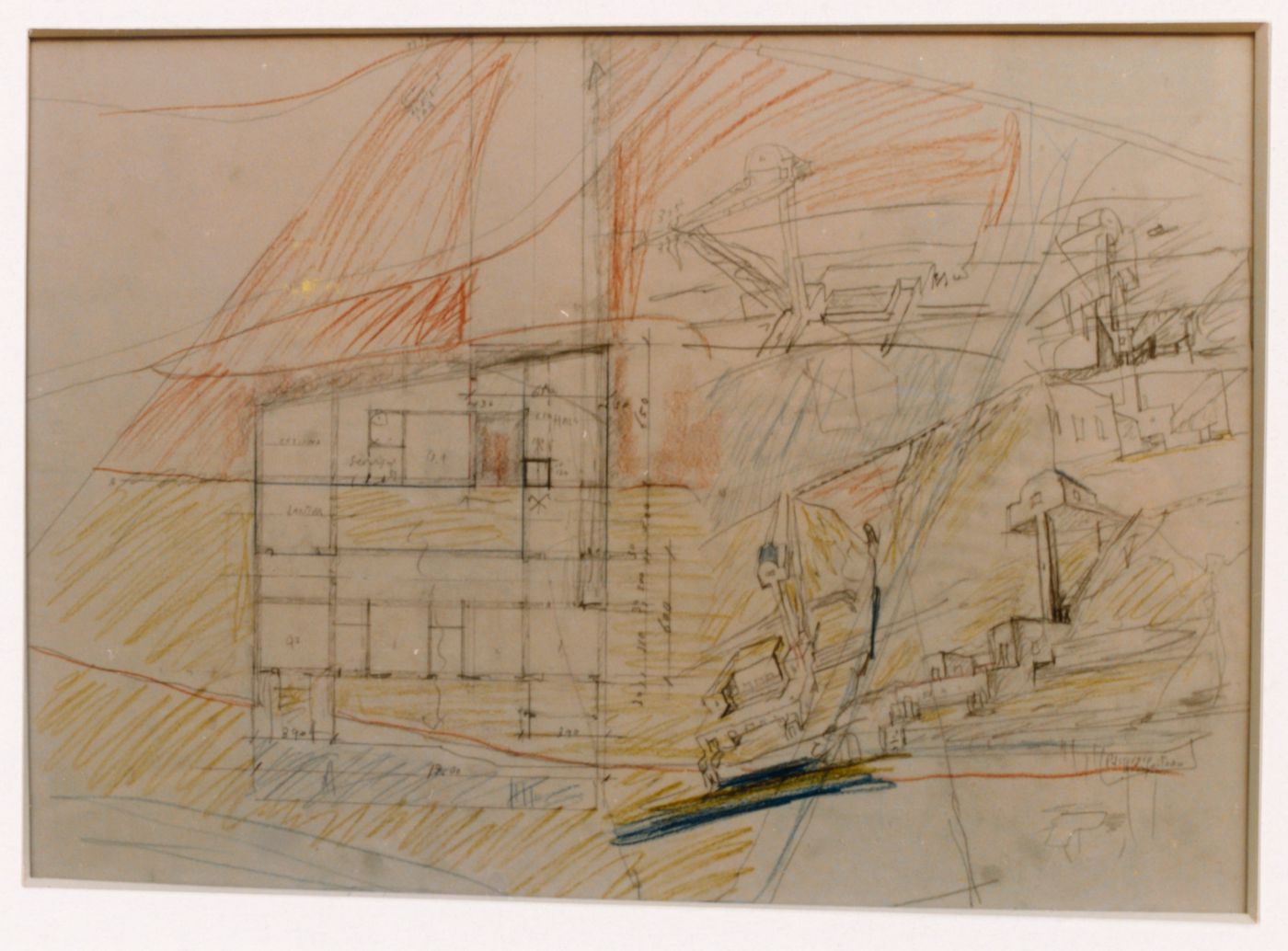 Photograph of a sketch plan and perspectives for Casa Mário Bahia [Mário Bahia house], Gondomar, Portugal