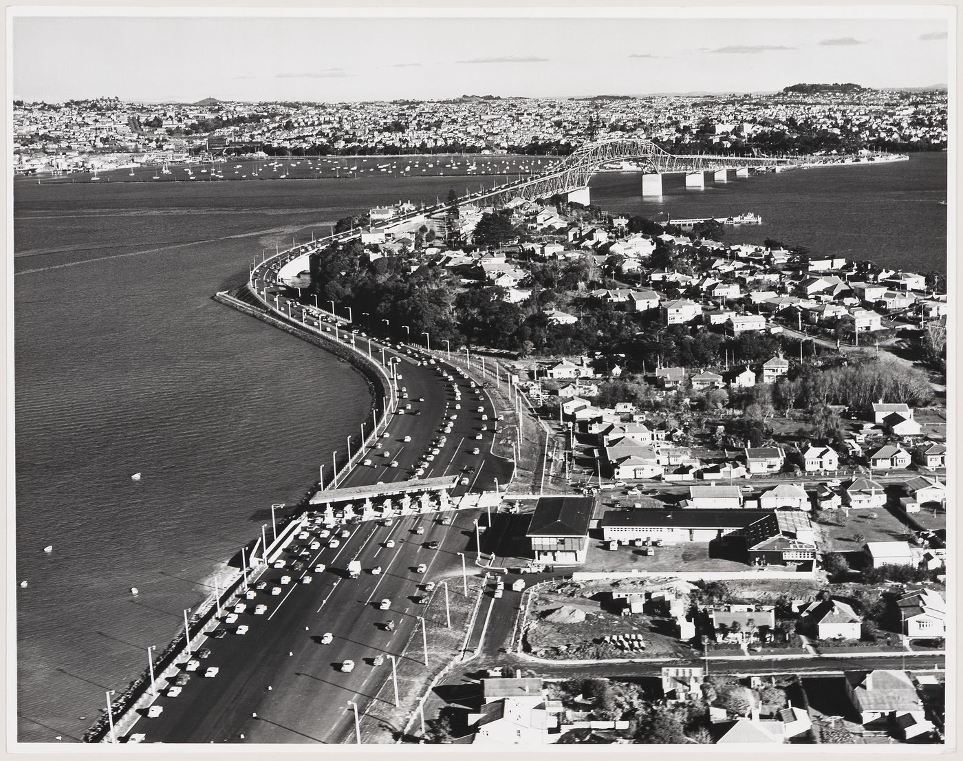 Aerial view of the Auckland Harbour Bridge, over the Waitematā Harbour, Auckland, New Zealand