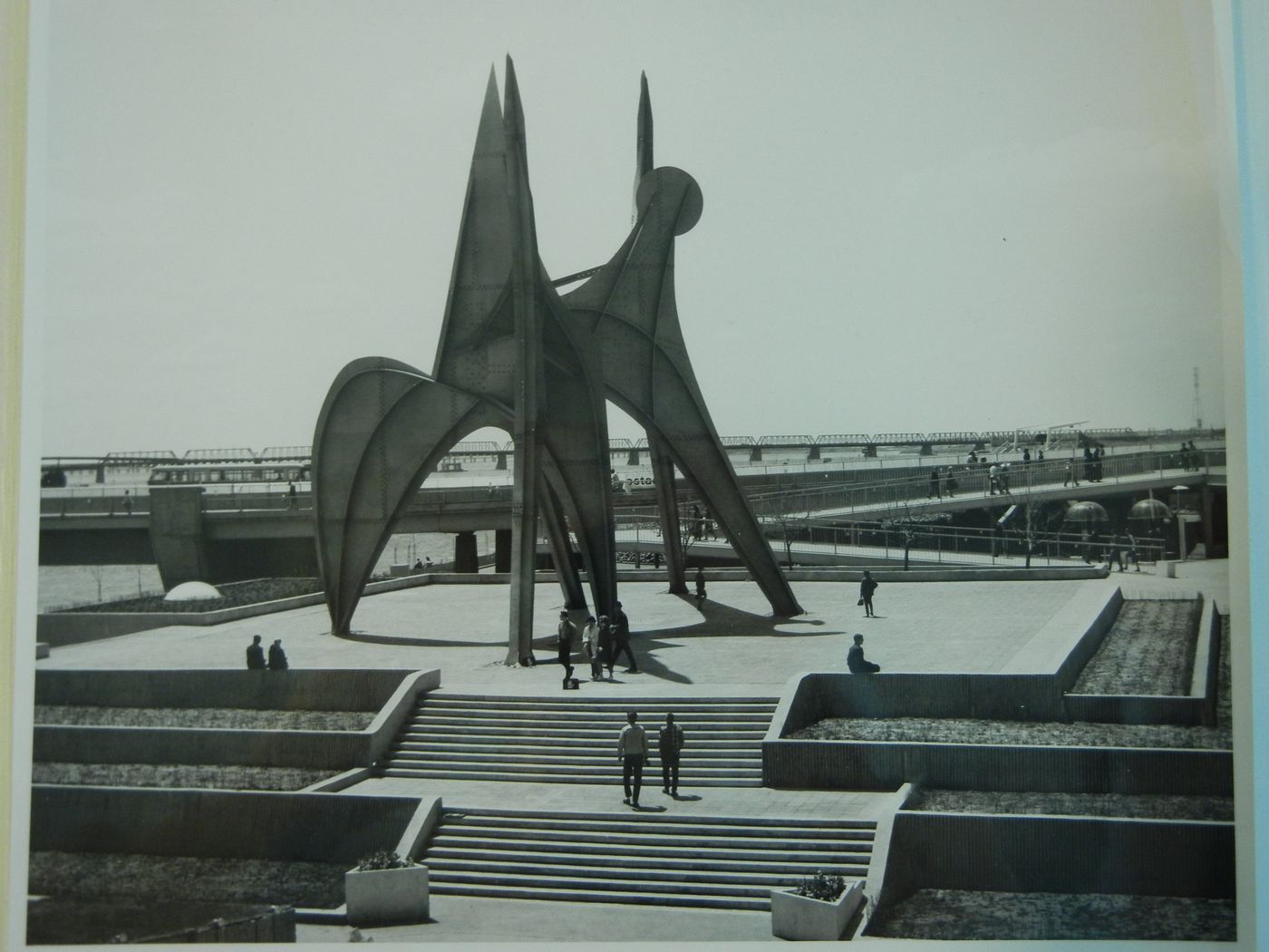 View of the sculpture 'Man, Three Disks' by Alexander Calder, Expo 67, Montréal, Québec
