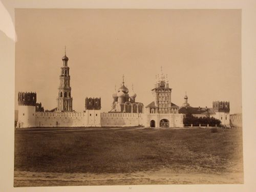 View of Novodevichii Convent showing the bell tower, Preobrazhenskaya Church (Church of the Transfiguration) in the center and Uspenya Church (Church of the Assumption) on the right, Moscow